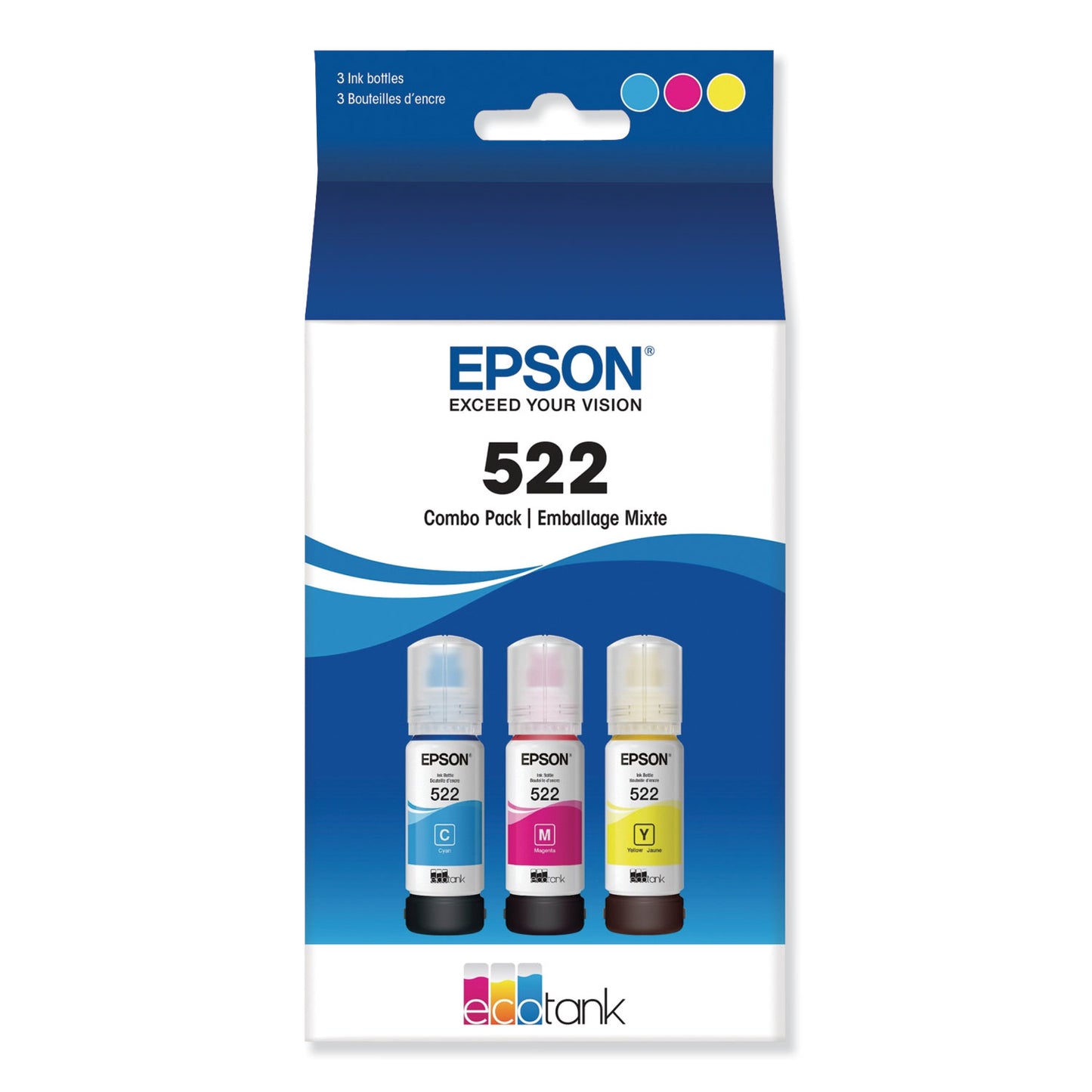 Epson® T522520-S (T522) Ultra High-Capacity Ink, Cyan/Magenta/Yellow, 3/Pack (EPST522520S)