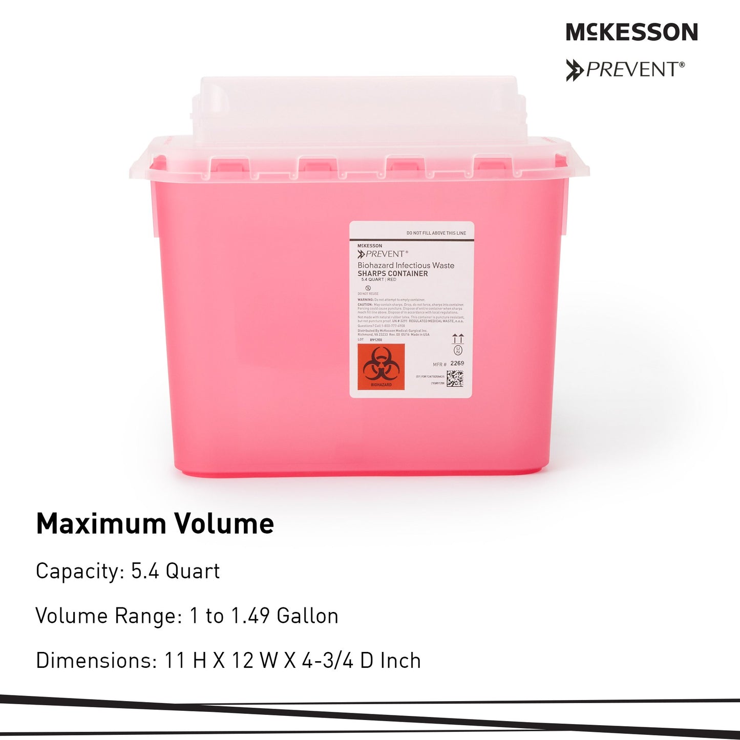 McKesson Prevent® Sharps Container Red Base 11 H X 12 W X 4-3/4 D Inch Horizontal Entry 1.35 Gallon (854862_EA)