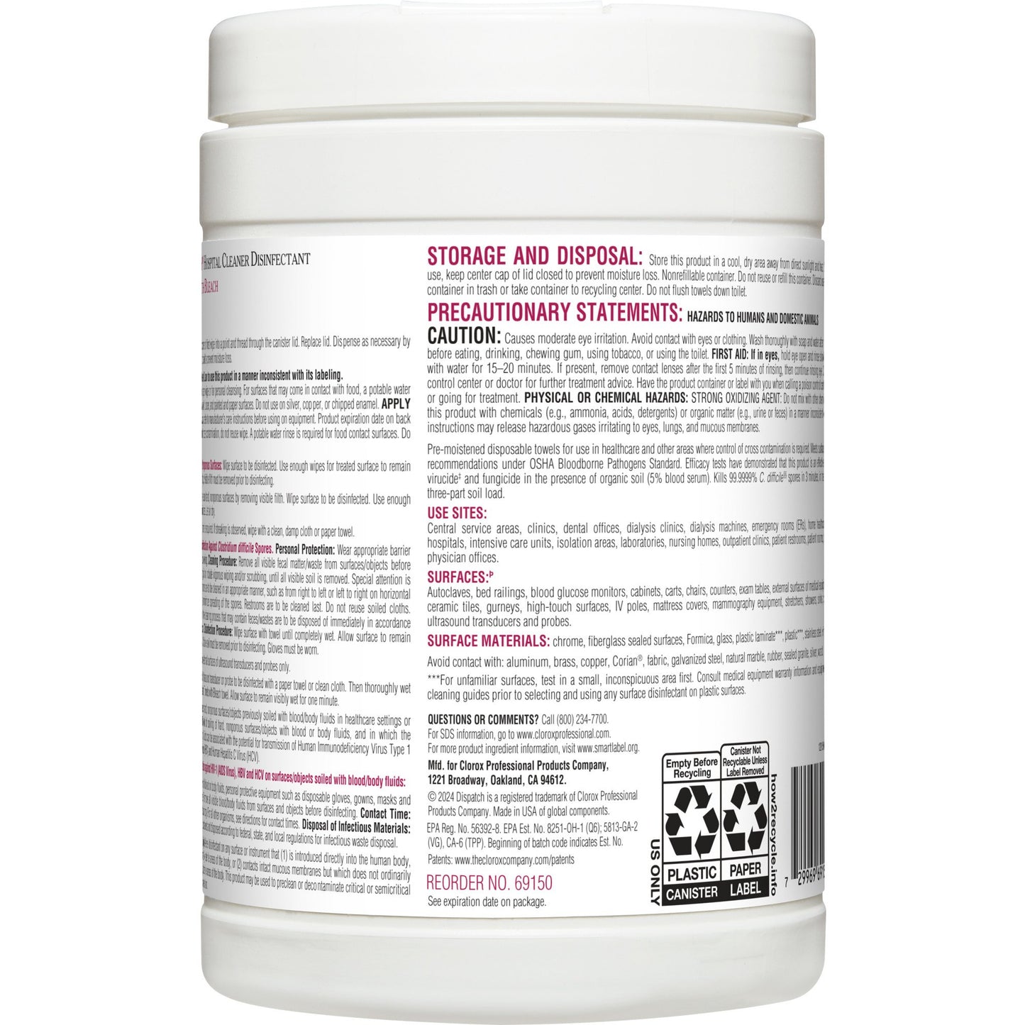 Dispatch® with Bleach Surface Disinfectant Cleaner Premoistened Manual Pull Wipe 150 Count Canister Fruity Floral Bleach Scent NonSterile (735385_PK)