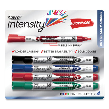 BIC® Intensity Advanced Dry Erase Marker, Medium Bullet Tip, Assorted Colors, 4/Pack (BICGELIPP41AST)
