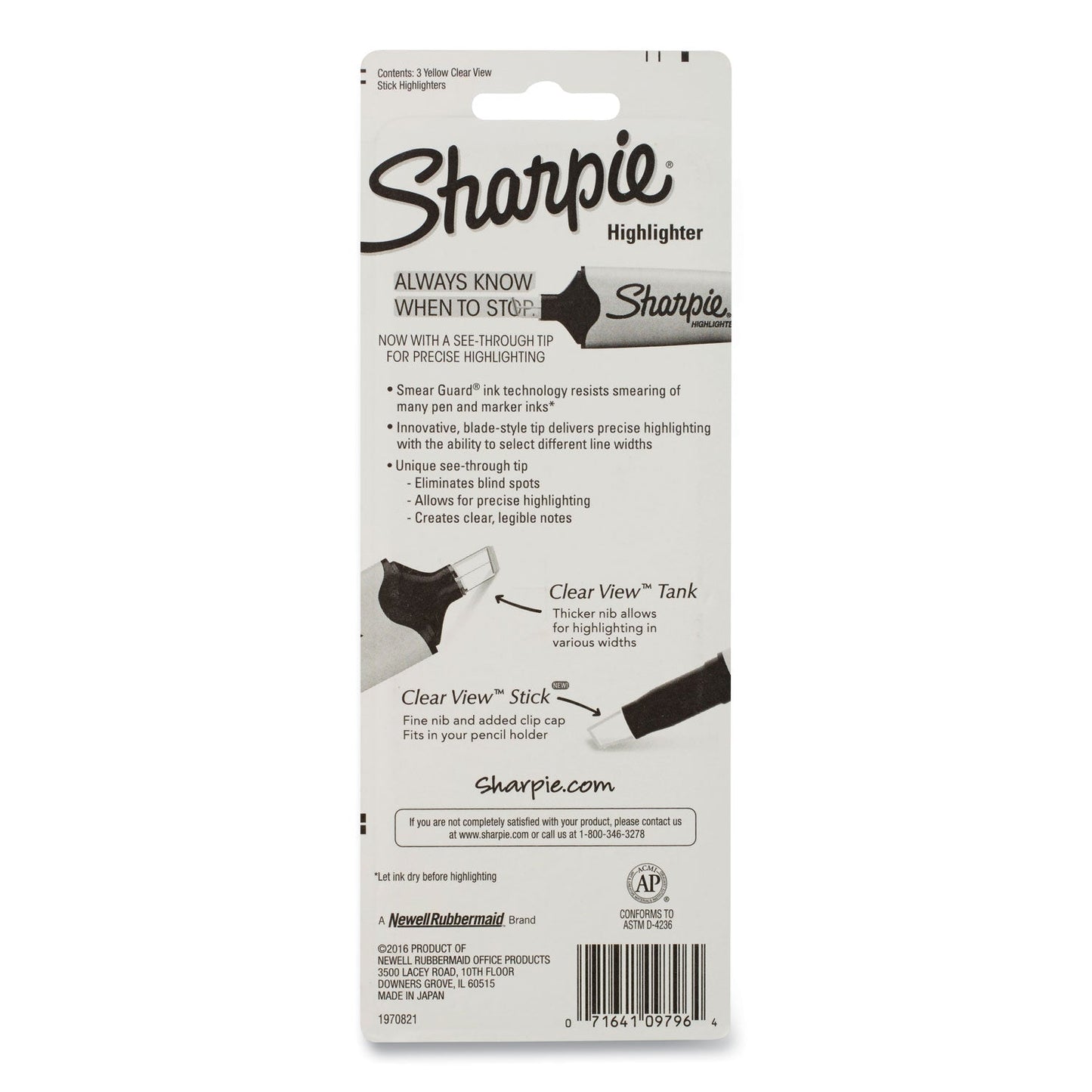 Sharpie® Clearview Pen-Style Highlighter, Fluorescent Yellow Ink, Chisel Tip, Yellow/Black/Clear Barrel, 3/Pack (SAN1950745)