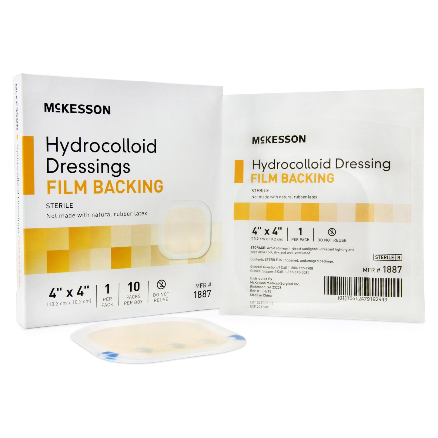 McKesson Hydrocolloid Dressing Waterproof Film Backing 4 X 4 Inch Square Hydrocolloid / Film (882992_CS)
