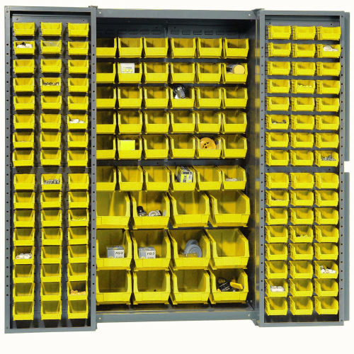 Global Industrial Bin Cabinet Deep Door - 144 Yellow Bins, 16-Gauge Assembled Cabinet 38x24x72 (WB662133YL)