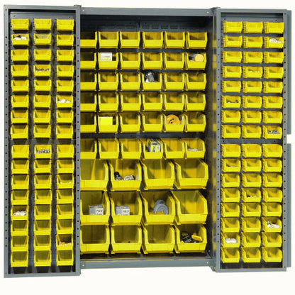 Global Industrial Bin Cabinet Deep Door - 144 Yellow Bins, 16-Gauge Assembled Cabinet 38x24x72 (WB662133YL)