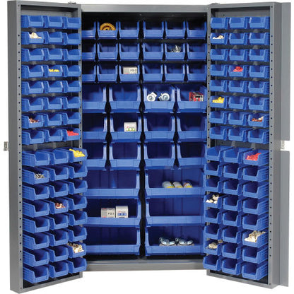 Global Industrial Bin Cabinet Deep Door - 132 Blue Bins, 16-Gauge Assembled Cabinet 38x24x72 (WB662147BL)