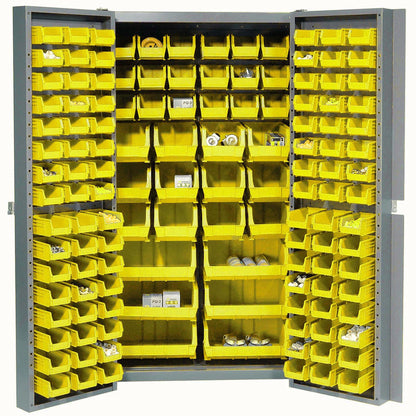 Global Industrial 16-Gauge Deep Door Bin Cabinet, 132 Yellow Bins, 38" x 24" x 72", Assembled (WB662147YL)