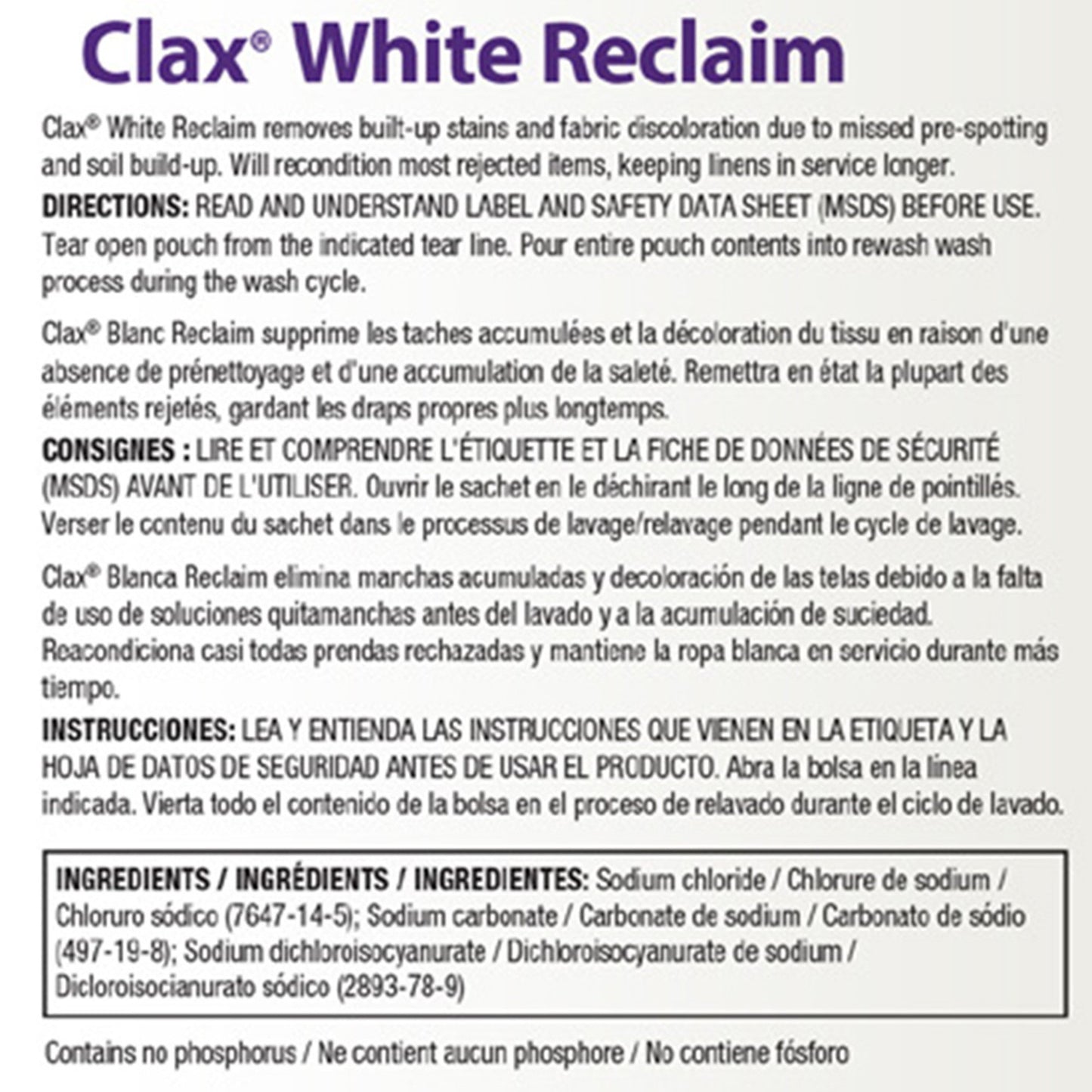 Clax® White Reclaim Laundry Stain Remover 1 lbs. Bag Powder Chlorine Scent (1197439_CS)