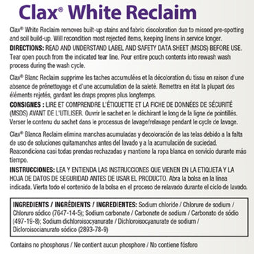 Clax® White Reclaim Laundry Stain Remover 1 lbs. Bag Powder Chlorine Scent (1197439_CS)