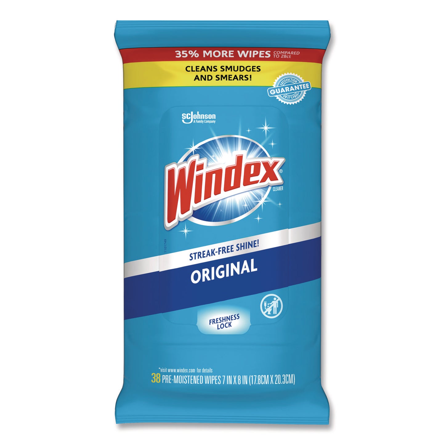 Windex® Glass and Surface Wet Wipe, Cloth, 7 x 8, Unscented, White, 38/Pack, 12 Packs/Carton (SJN378032)