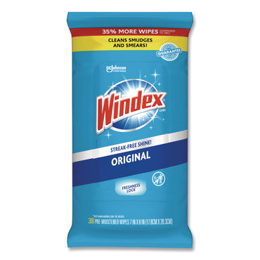 Windex® Glass and Surface Wet Wipe, Cloth, 7 x 8, Unscented, White, 38/Pack, 12 Packs/Carton (SJN378032)