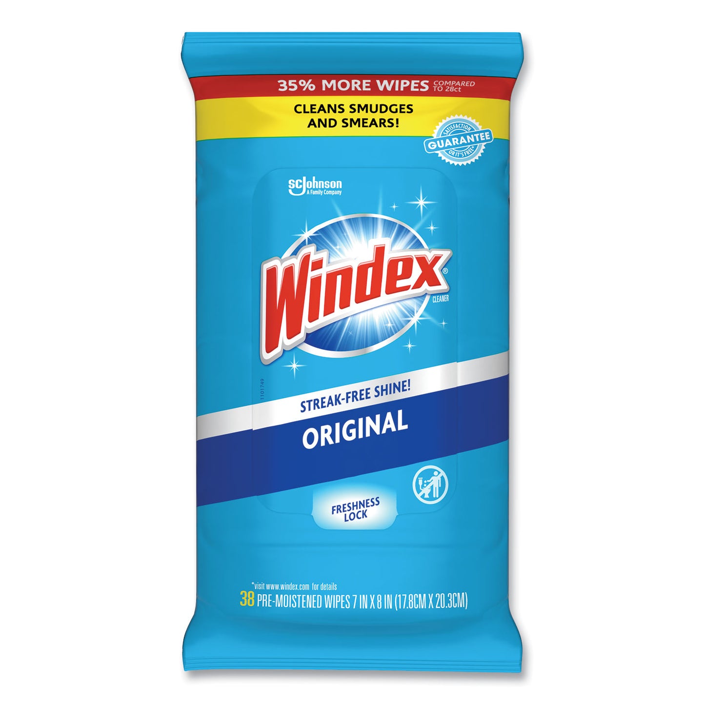 Windex® Glass and Surface Wet Wipe, Cloth, 7 x 8, Unscented, White, 38/Pack (SJN378032EA)