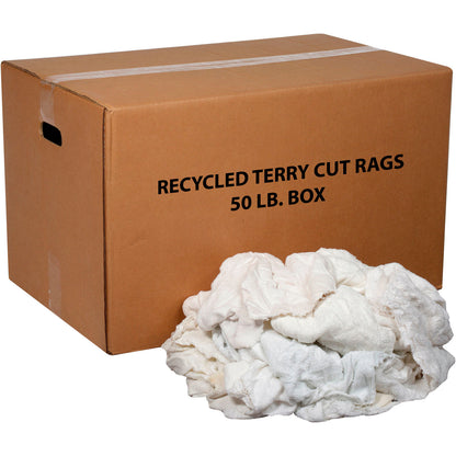 Global Industrial Premium Recycled White Cotton Terry Cut Rags, 50 Lb. Box (WB670220)