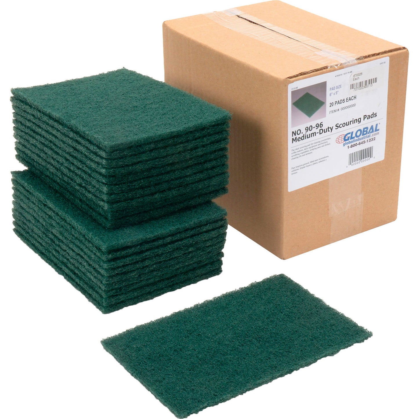 Global Industrial Medium Duty Scouring Pads, Green, 6" x 9" - Case of 20 Pads (WB670326)