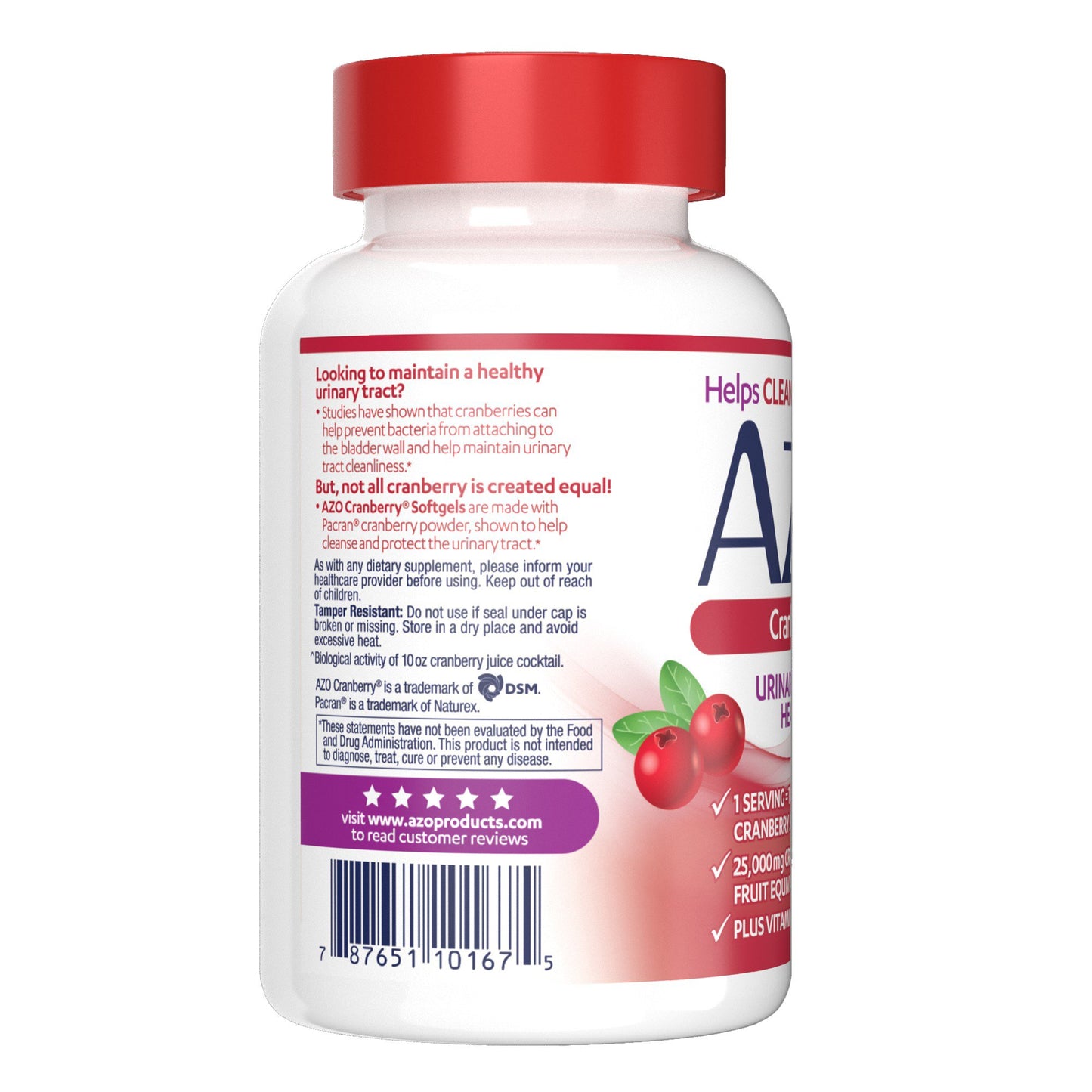 AZO® Cranberry Urinary Tract Health Dietary Supplement Vitamin C / Cranberry 120 mg - 500 mg Strength Softgel 100 per Bottle (1268924_BT)