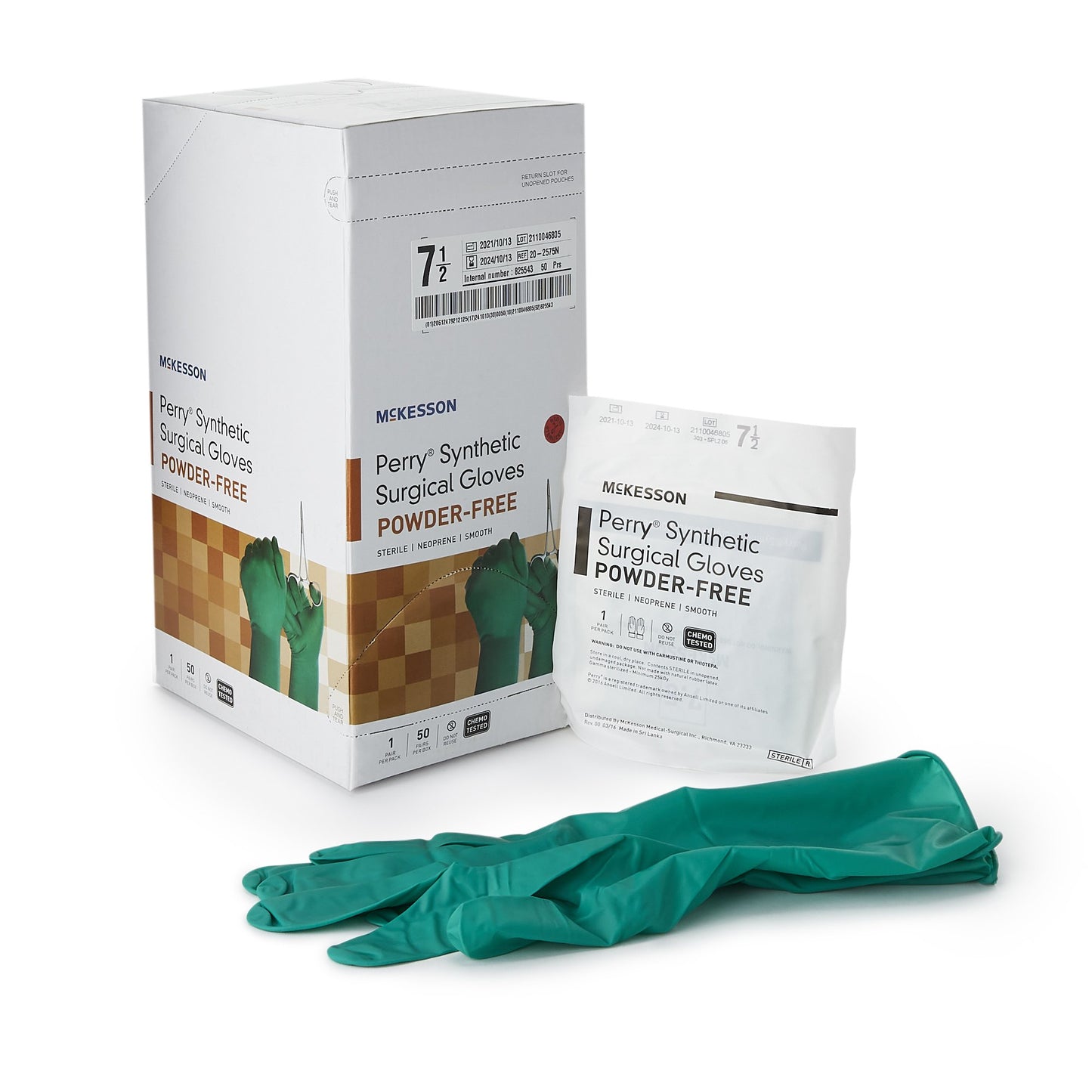 McKesson Perry® Performance Plus Surgical Glove Size 7.5 Sterile Polychloroprene Standard Cuff Length Smooth Dark Green Chemo Tested (1044739_BX)