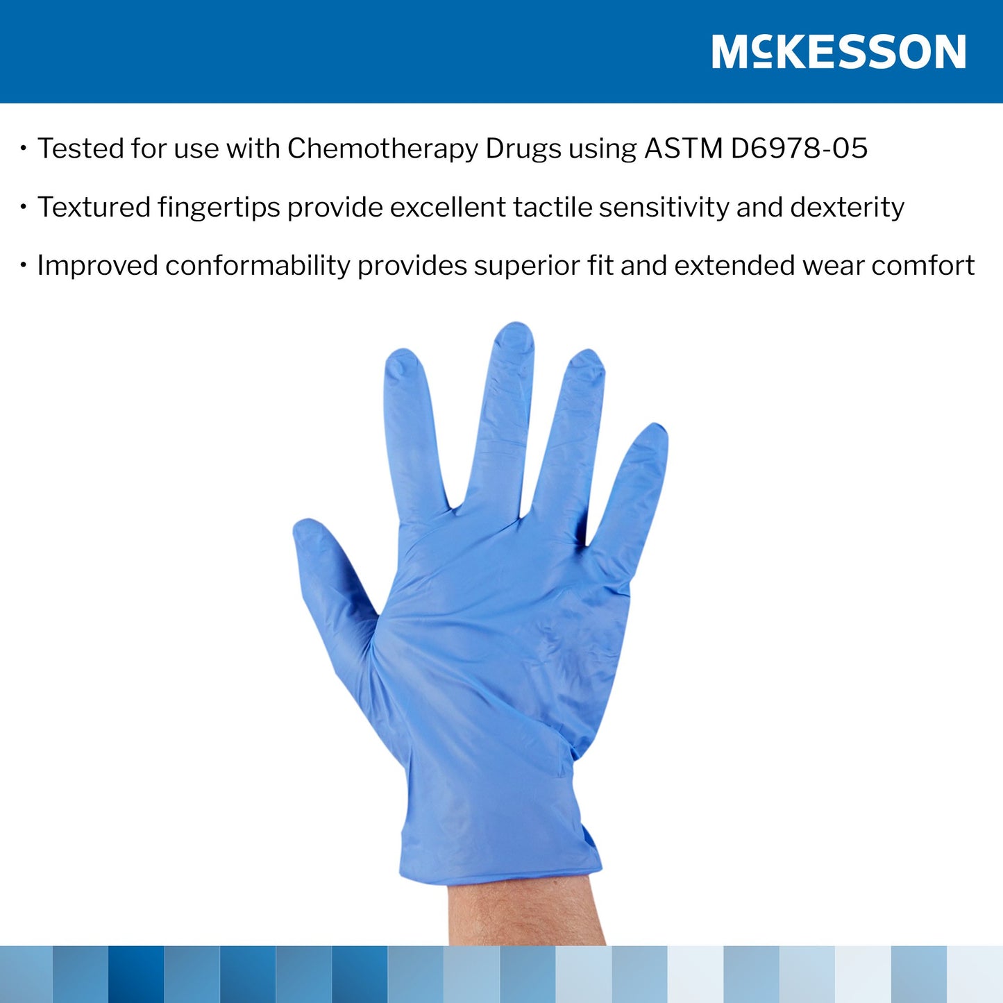 McKesson Confiderm® 3.5C Exam Glove Medium NonSterile Nitrile Standard Cuff Length Textured Fingertips Blue Chemo Tested (765875_CS)