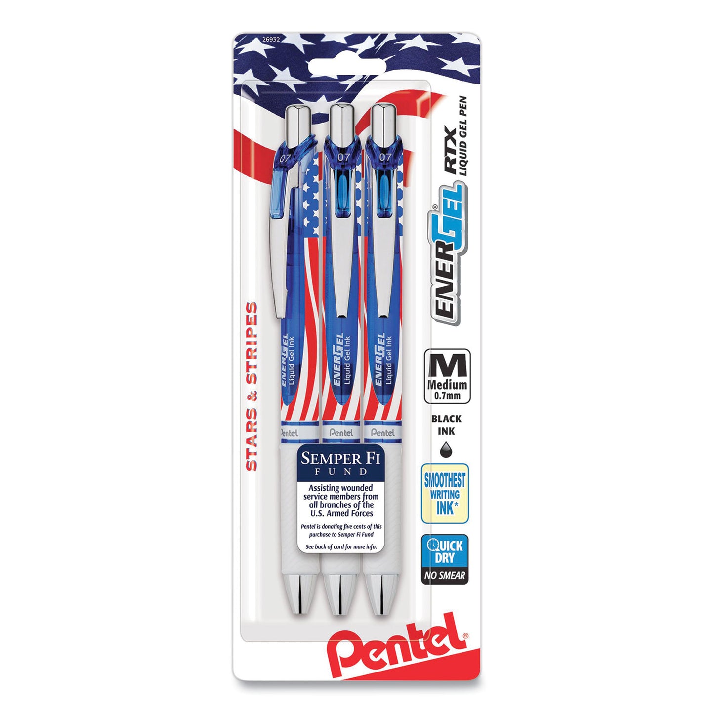 Pentel® EnerGel RTX Stars and Stripes Gel Pen, Retractable, Medium 0.7 mm, Black Ink, Red/White/Blue Barrel, 3/Pack (PENBL77USABP3A)