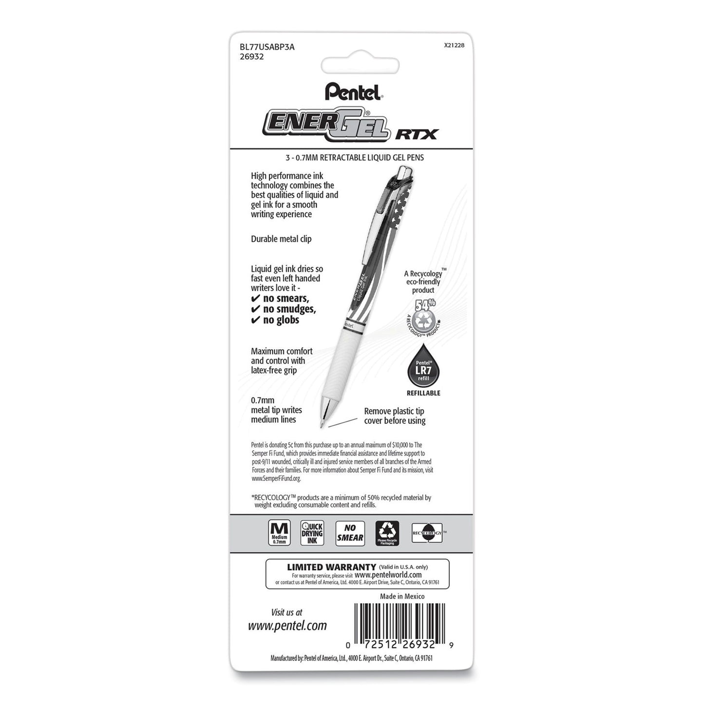 Pentel® EnerGel RTX Stars and Stripes Gel Pen, Retractable, Medium 0.7 mm, Black Ink, Red/White/Blue Barrel, 3/Pack (PENBL77USABP3A)