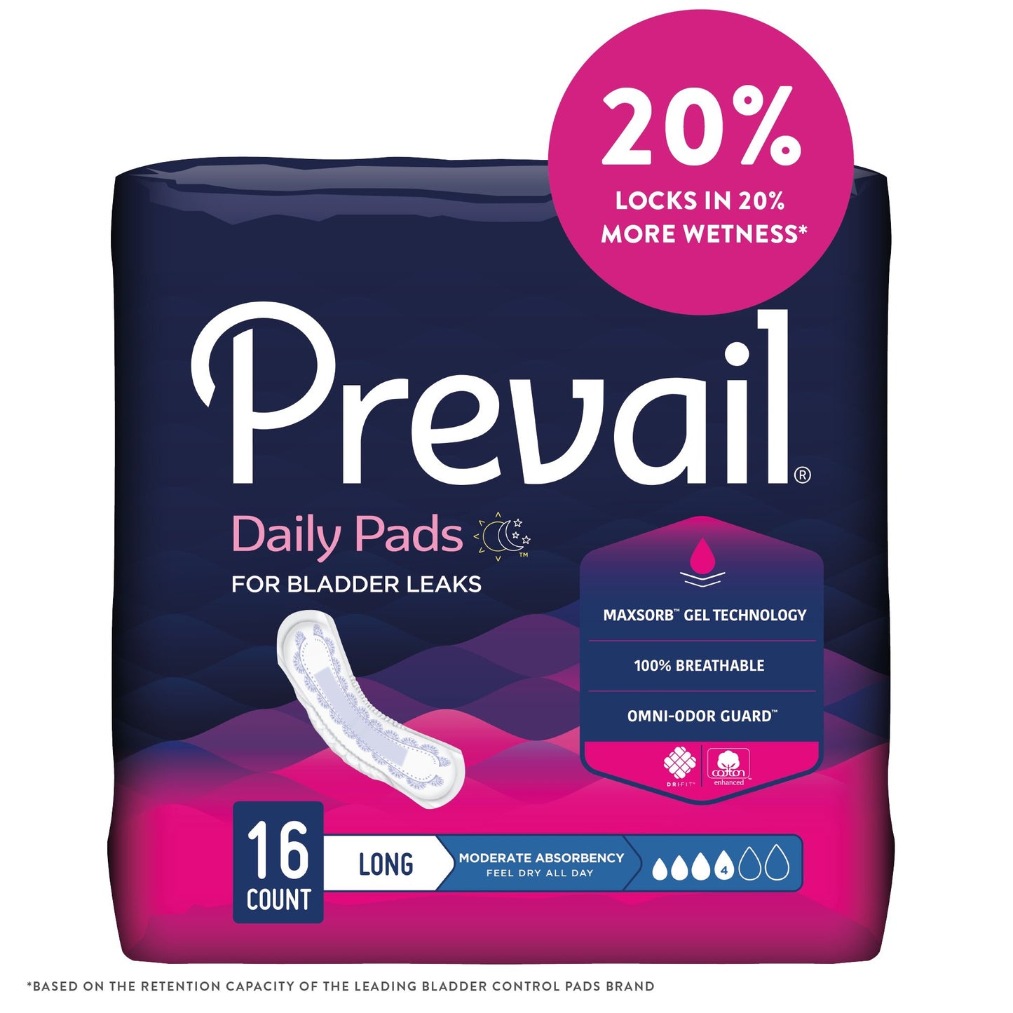 Prevail® Daily Pads Bladder Control Pad 11 Inch Length Moderate Absorbency Polymer Core One Size Fits Most (409933_BG)