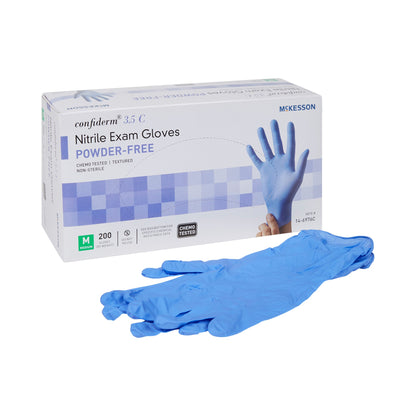 McKesson Confiderm® 3.5C Exam Glove Medium NonSterile Nitrile Standard Cuff Length Textured Fingertips Blue Chemo Tested (765875_CS)