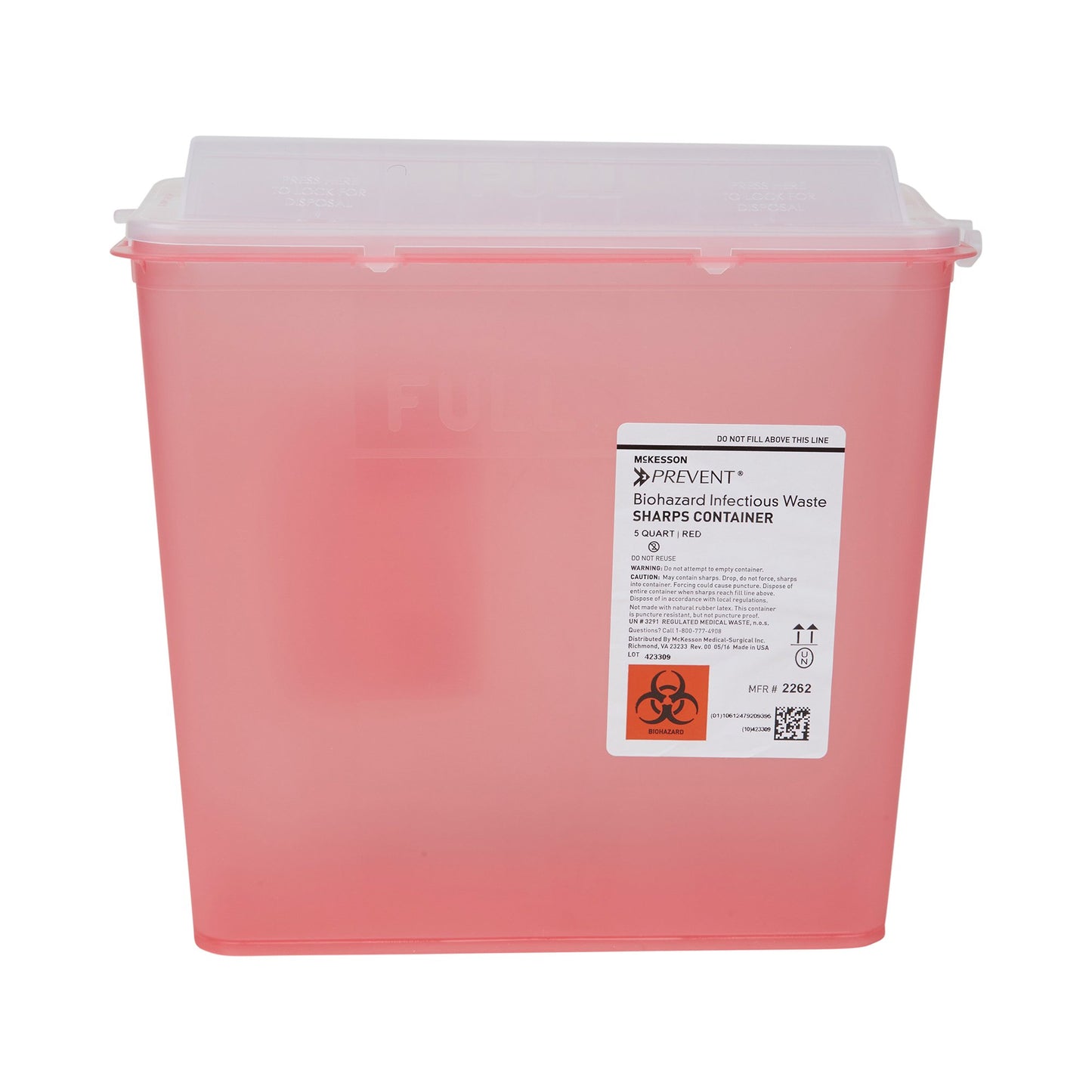 McKesson Prevent® Sharps Container Translucent Red Base 10-3/4 H X 10-1/2 W X 4-3/4 D Inch Horizontal Entry 1.25 Gallon (881399_CS)