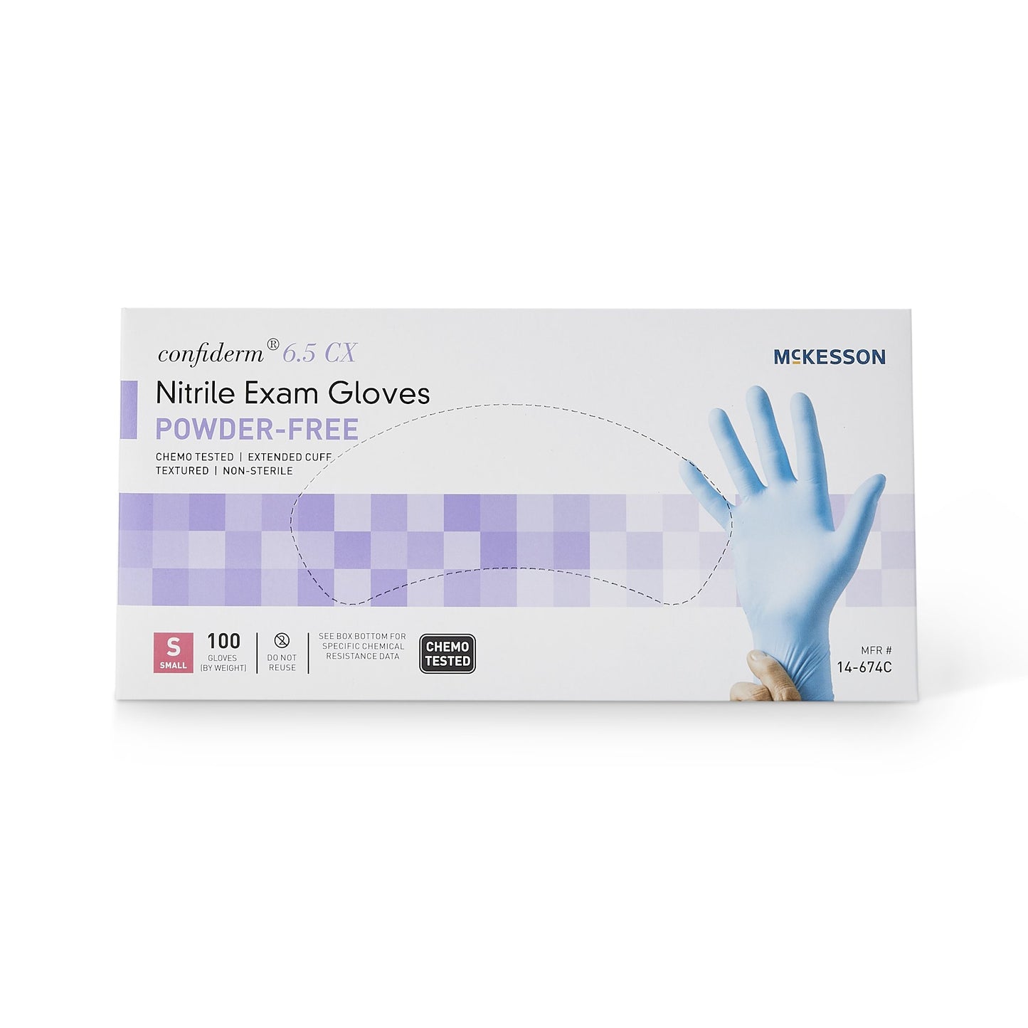 McKesson Confiderm® 6.5CX Exam Glove Small NonSterile Nitrile Extended Cuff Length Textured Fingertips Blue Chemo Tested (921606_CS)