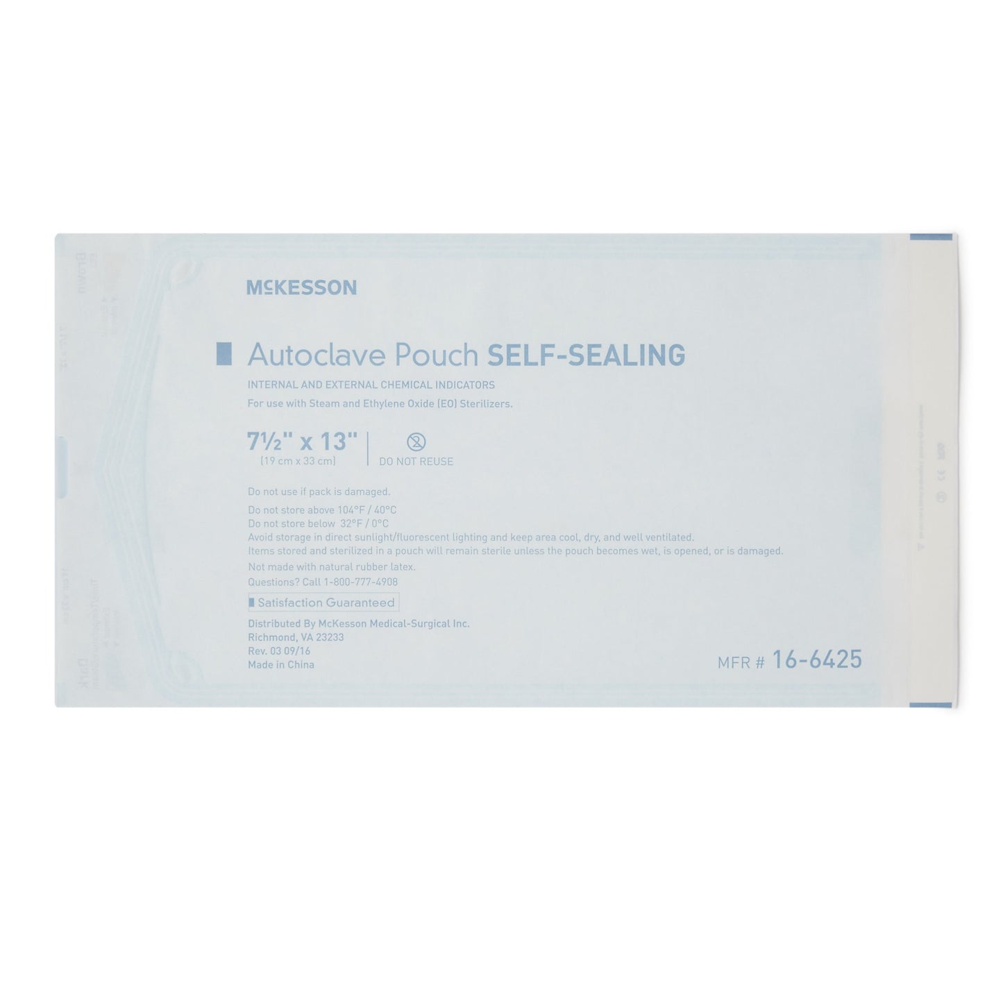 McKesson Sterilization Pouch Ethylene Oxide (EO) Gas / Steam 7-1/2 X 13 Inch Transparent Blue / White Self Seal Paper / Film (960945_CS)