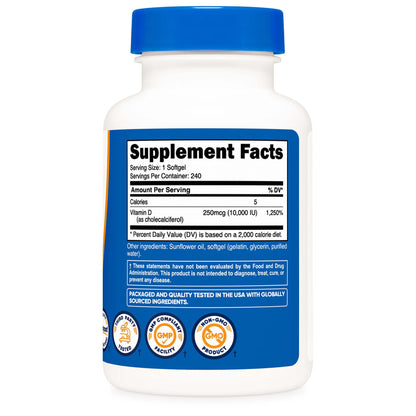 nutricost® Dietary Supplement Vitamin D3 10,000 IU Strength Softgel 240 Per Bottle (1270248_BT)