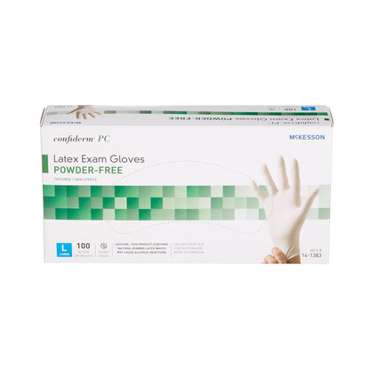 McKesson Confiderm® Exam Glove Large NonSterile Latex Standard Cuff Length Fully Textured Ivory Not Rated (921599_CS)