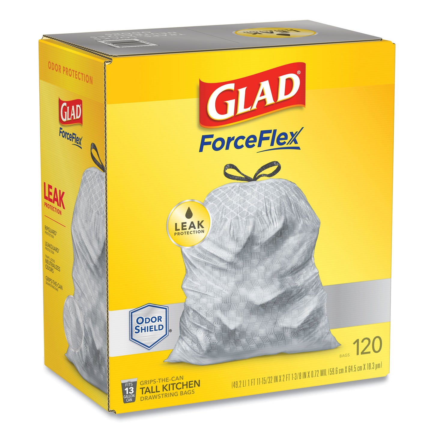 Glad® ForceFlex Kitchen Drawstring Trash Bags, 13 gal, 23.75" x 25.4", White, 120/Box (CLO79158)