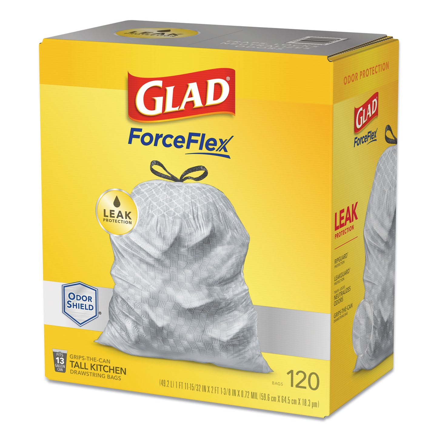 Glad® ForceFlex Kitchen Drawstring Trash Bags, 13 gal, 23.75" x 25.4", White, 120/Box (CLO79158)