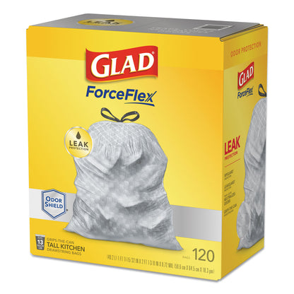 Glad® ForceFlex Kitchen Drawstring Trash Bags, 13 gal, 23.75" x 25.4", White, 120/Box (CLO79158)
