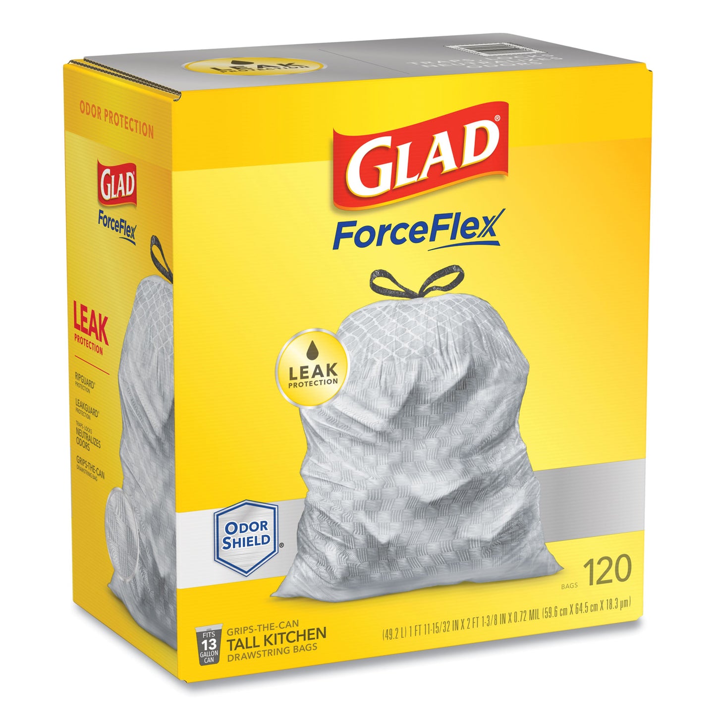 Glad® ForceFlex Kitchen Drawstring Trash Bags, 13 gal, 23.75" x 25.4", White, 120/Box (CLO79158)
