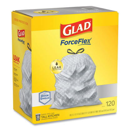 Glad® ForceFlex Kitchen Drawstring Trash Bags, 13 gal, 23.75" x 25.4", White, 120/Box (CLO79158)