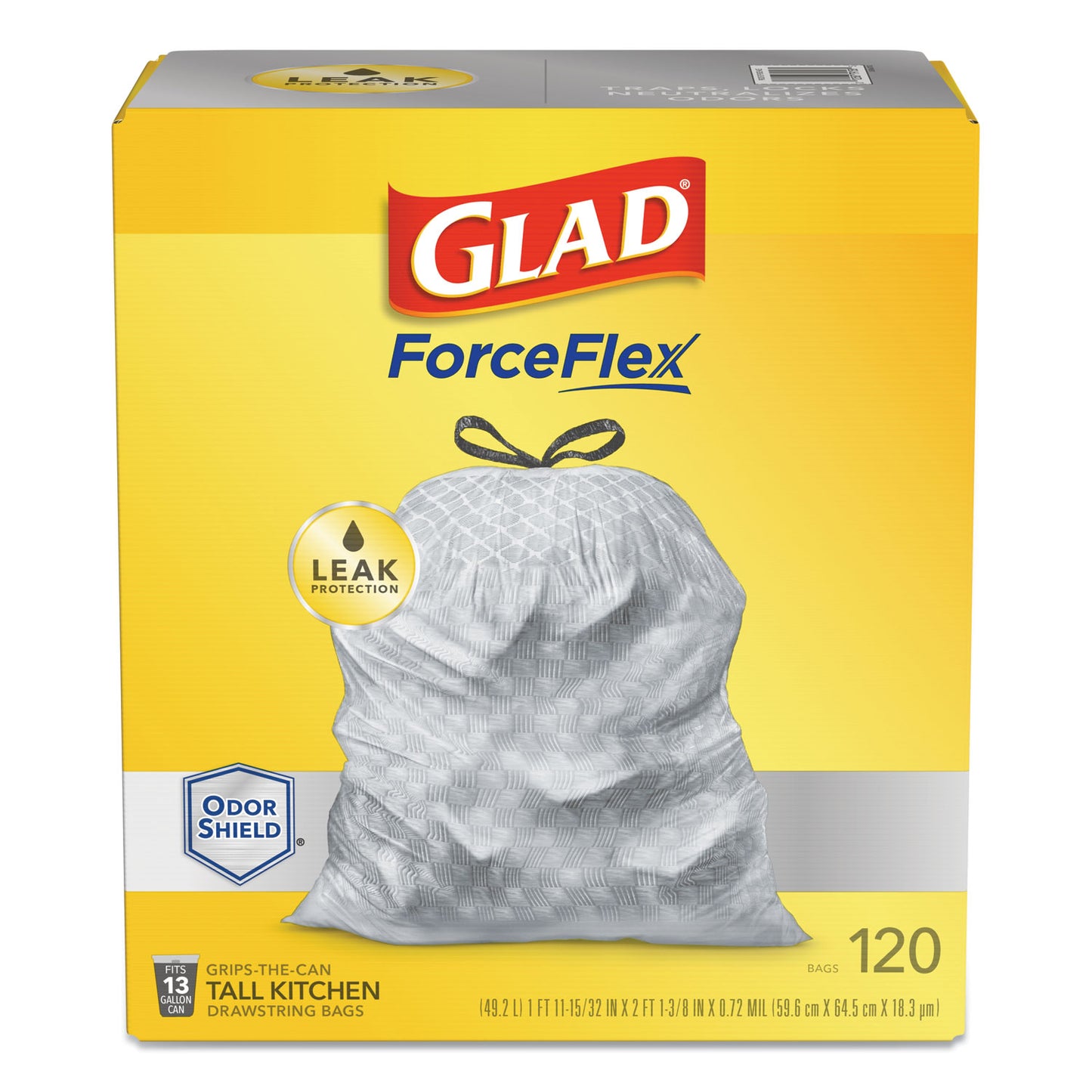 Glad® ForceFlex Kitchen Drawstring Trash Bags, 13 gal, 23.75" x 25.4", White, 120/Box (CLO79158)