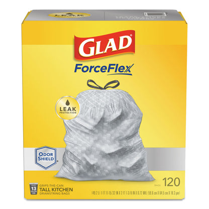 Glad® ForceFlex Kitchen Drawstring Trash Bags, 13 gal, 23.75" x 25.4", White, 120/Box (CLO79158)