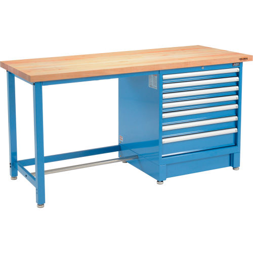 Global Industrial 72Wx30D Modular Workbench, 7 Drawers, Maple Butcher Block Square Edge, Blue (WB711163)