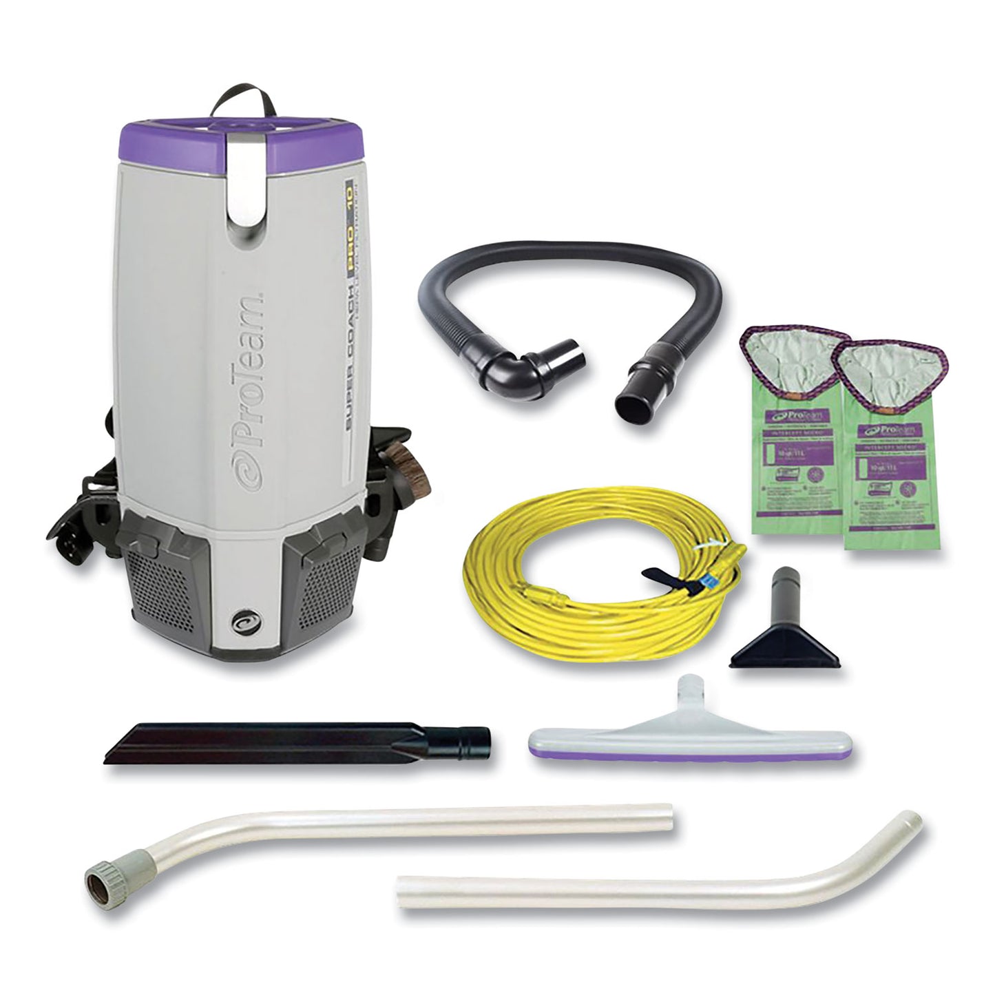 ProTeam® Super Coach Pro 10 Backpack Vacuum with Xover Fixed-Length Two-Piece Wand, 10 qt Tank Capacity, Gray/Purple (PTM107304)