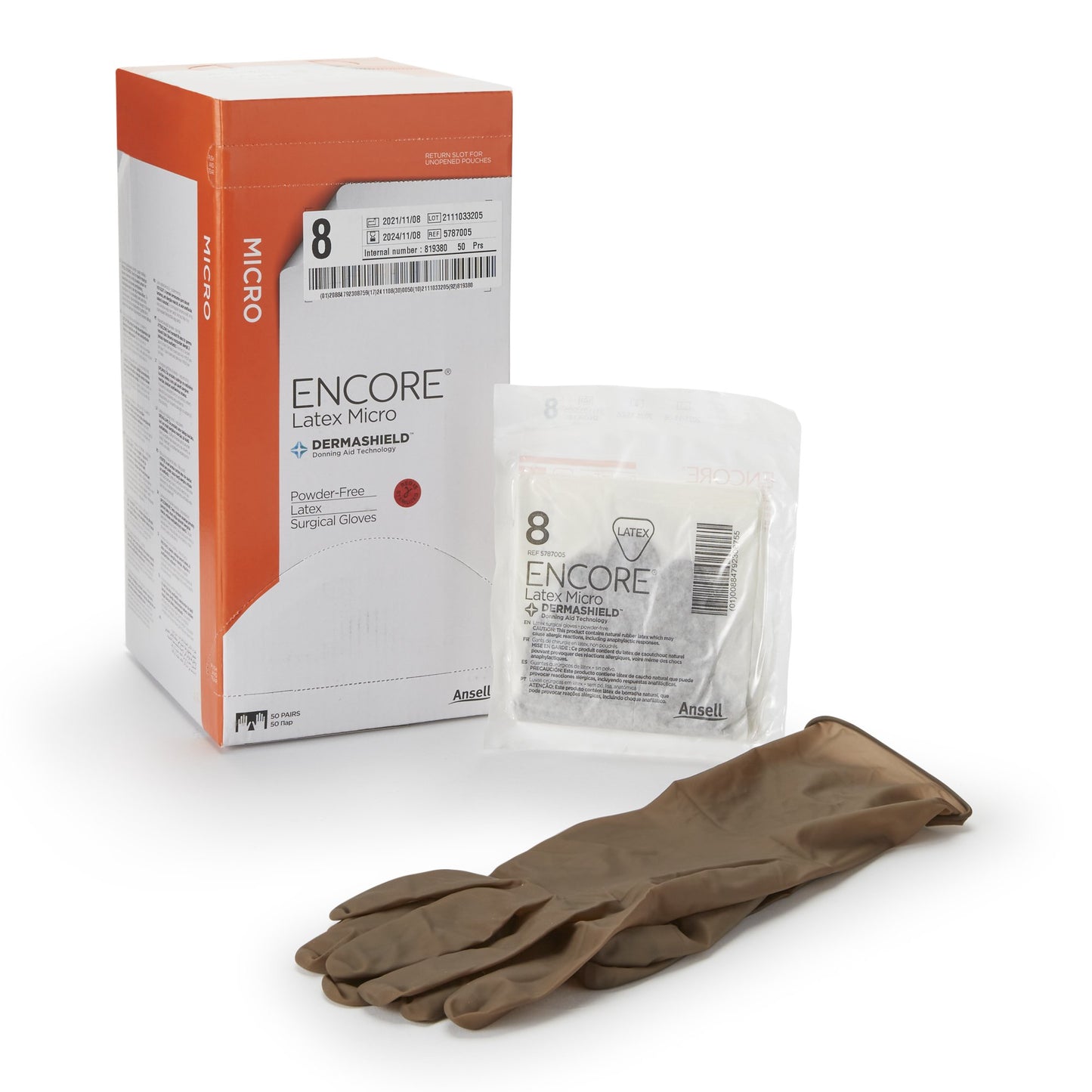 ENCORE® Latex Micro Surgical Glove Size 8 Sterile Latex Standard Cuff Length Micro-Textured Brown Chemo Tested (362179_CS)