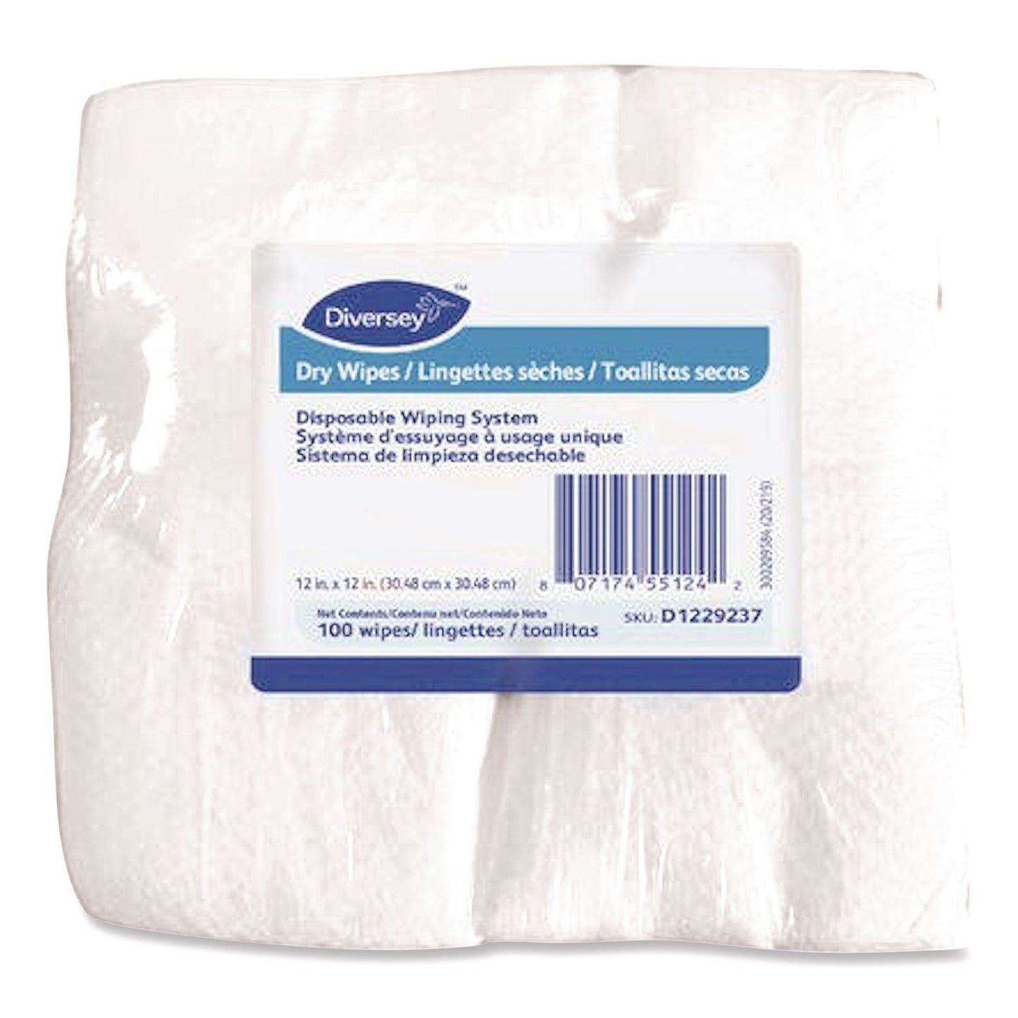 Diversey™ Dry Wipe Disposable Wiping System, 1-Ply, 12 x 12, Unscented, White, 100/Pack, 6 Packs/Carton (DVOD1229237)