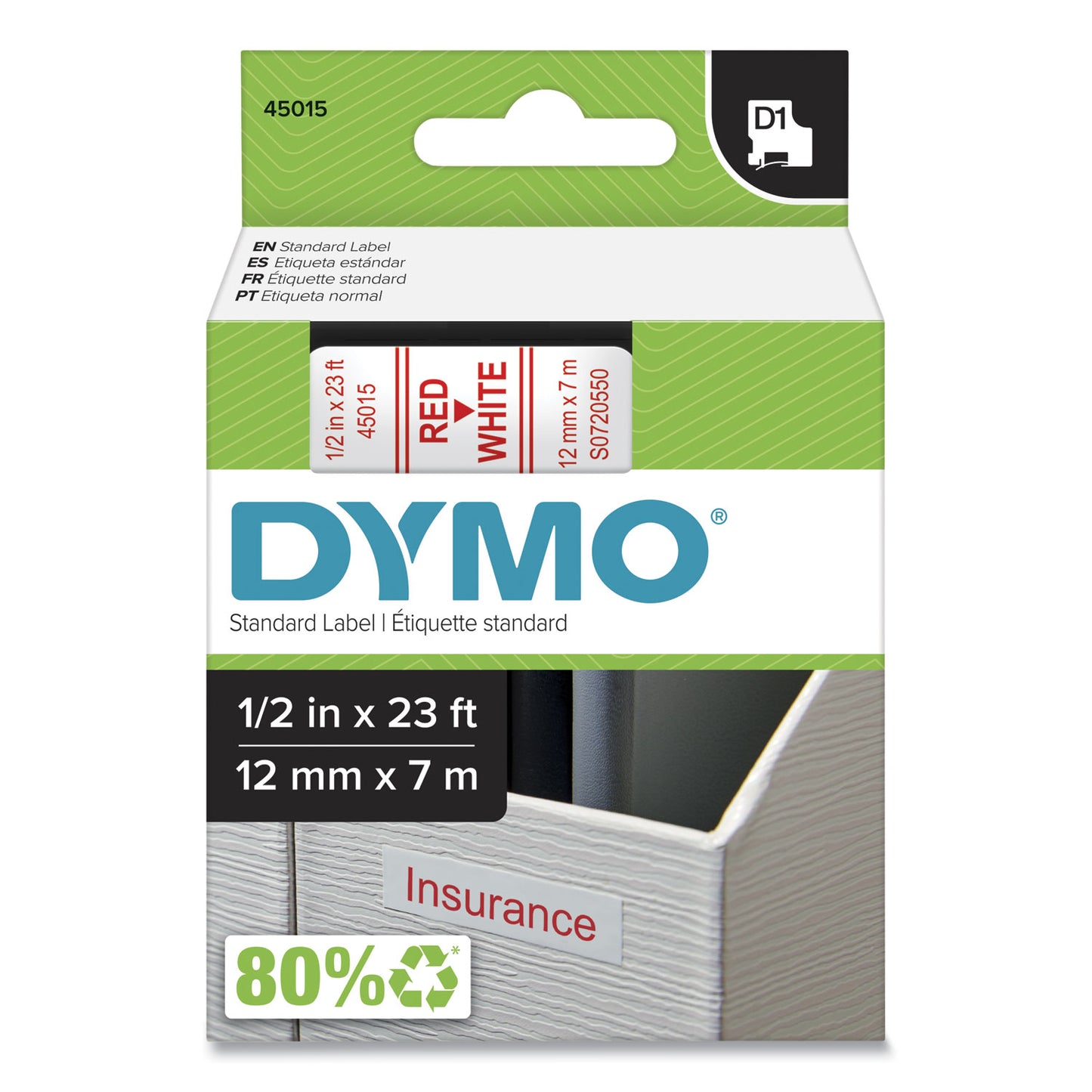 DYMO® D1 High-Performance Polyester Removable Label Tape, 0.5" x 23 ft, Red on White (DYM45015)