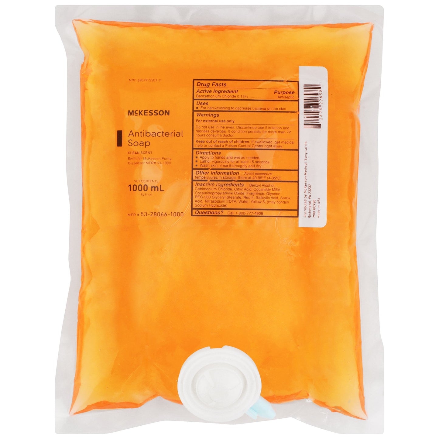 McKesson Antibacterial Soap Liquid 1,000 mL Dispenser Refill Bag Clean Scent (1067681_CS)