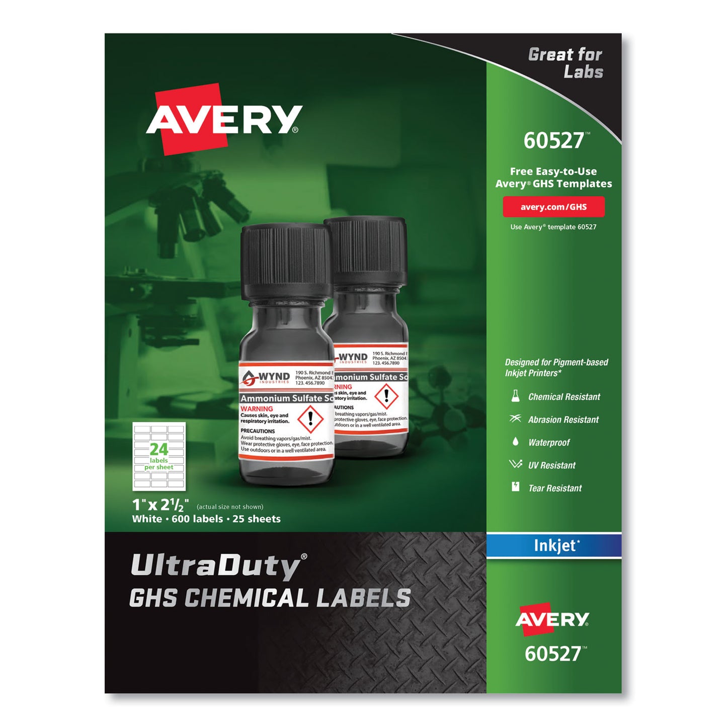 Avery® UltraDuty GHS Chemical Waterproof and UV Resistant Labels, 1 x 2.5, White, 24/Sheet, 25 Sheets/Pack (AVE60527)