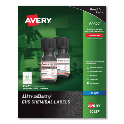 Avery® UltraDuty GHS Chemical Waterproof and UV Resistant Labels, 1 x 2.5, White, 24/Sheet, 25 Sheets/Pack (AVE60527)