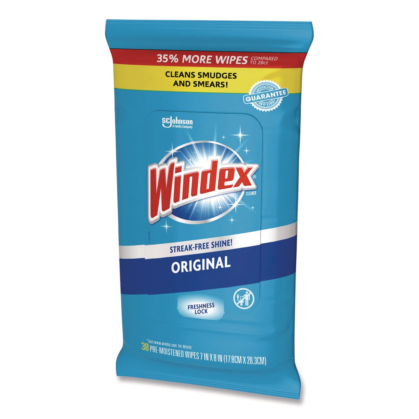 Windex® Glass and Surface Wet Wipe, Cloth, 7 x 8, Unscented, White, 38/Pack (SJN378032EA)