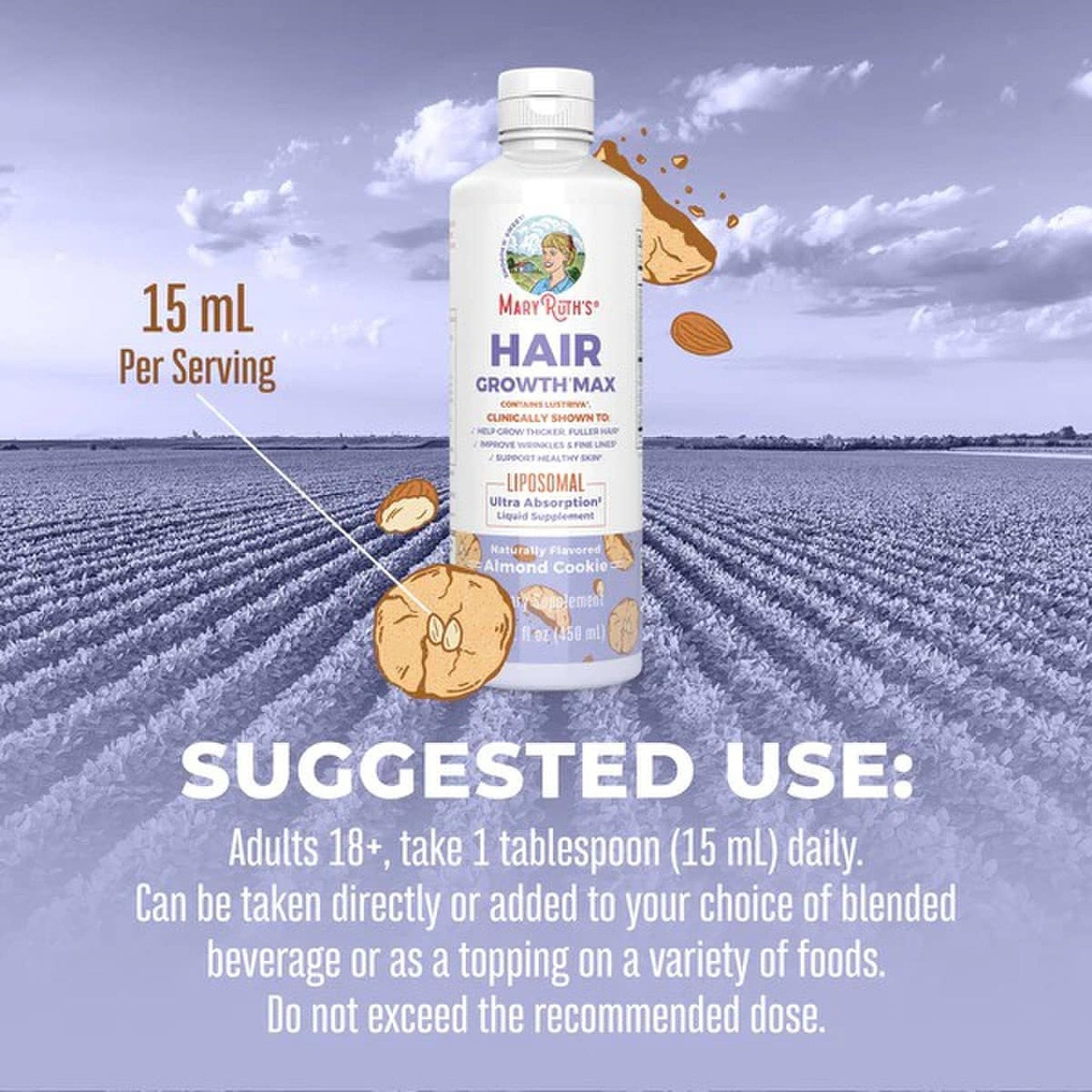 Mary Ruth's® Hair Growth Max Liposomal Dietary Supplement Vitamin E / B6 / Biotin 4 mg / 3 mg / 10,000 mcg Strength Liquid 15.22 oz. Almond Cookie Flavor (1271763_EA)