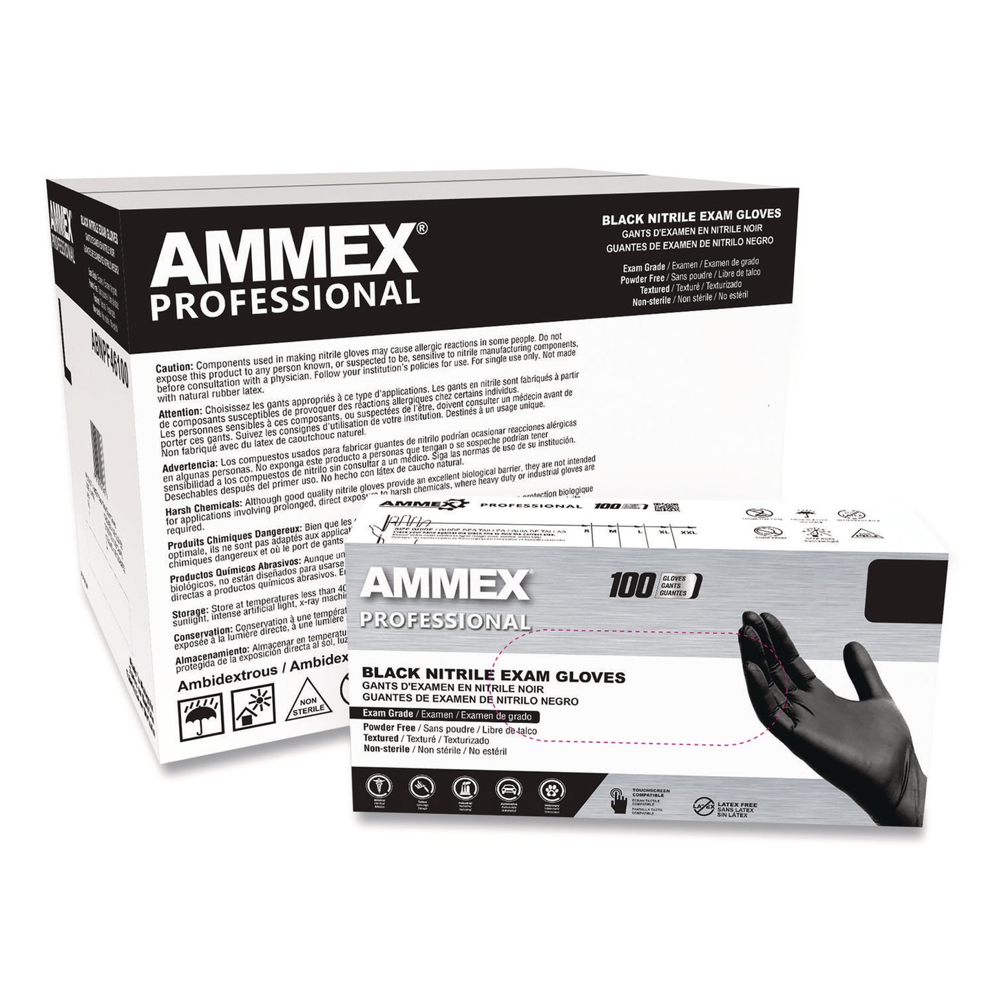 AMMEX® Professional Nitrile Exam Gloves, Powder-Free, X-Large, 3 mil Thick, Black, 100/Box (AXCABNPF48100)