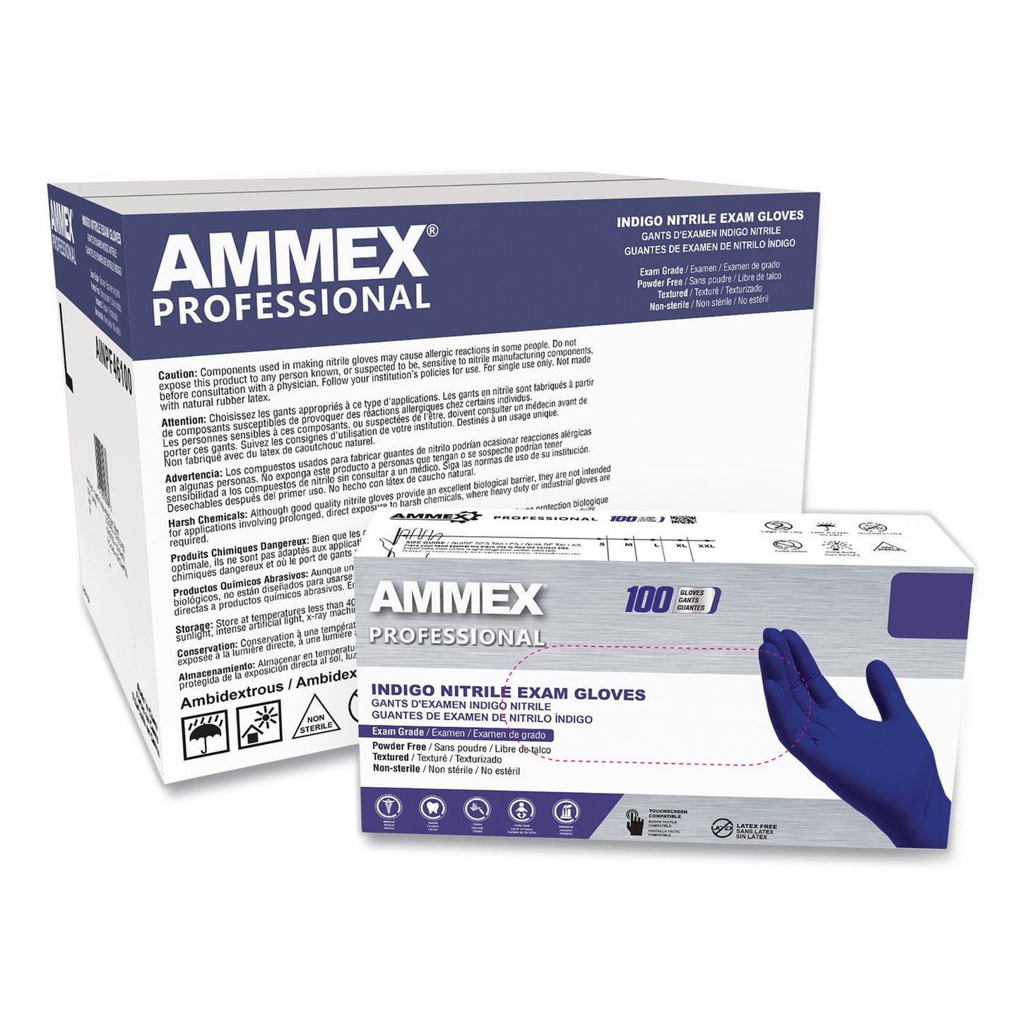AMMEX® Professional Nitrile Exam Gloves, Powder-Free, Large, 3 mil Thick, Indigo, 100/Box (AXCAINPF46100)