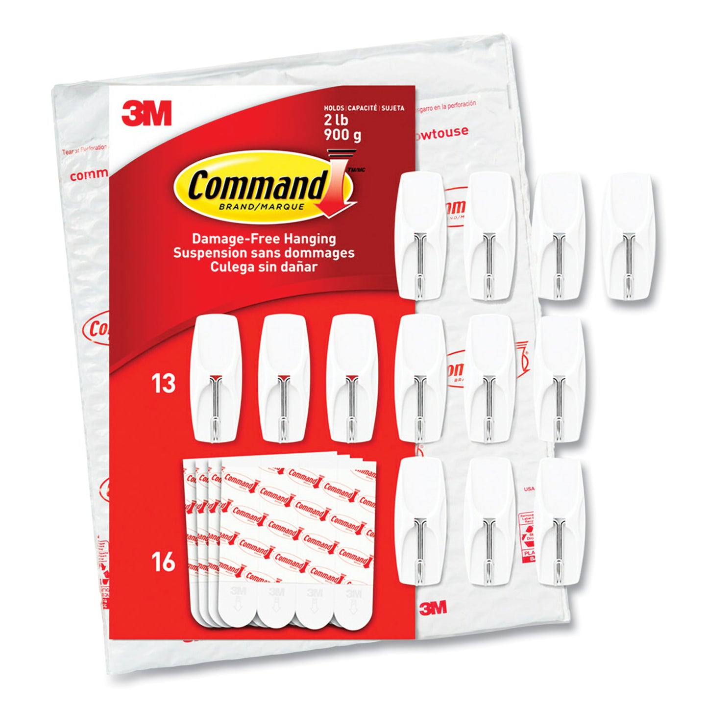 Command™ Medium Wire Hooks, Metal Wire, Silver/White, Supports 2 lb, 13/Pack (MMM1706513)