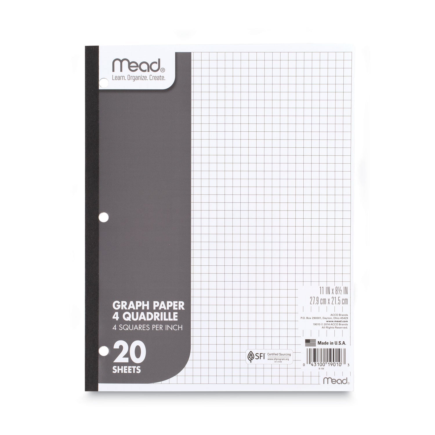 Mead® Graph Paper Tablet, 3-Hole, 8.5 x 11, Quadrille: 4 sq/in, 20 She ...